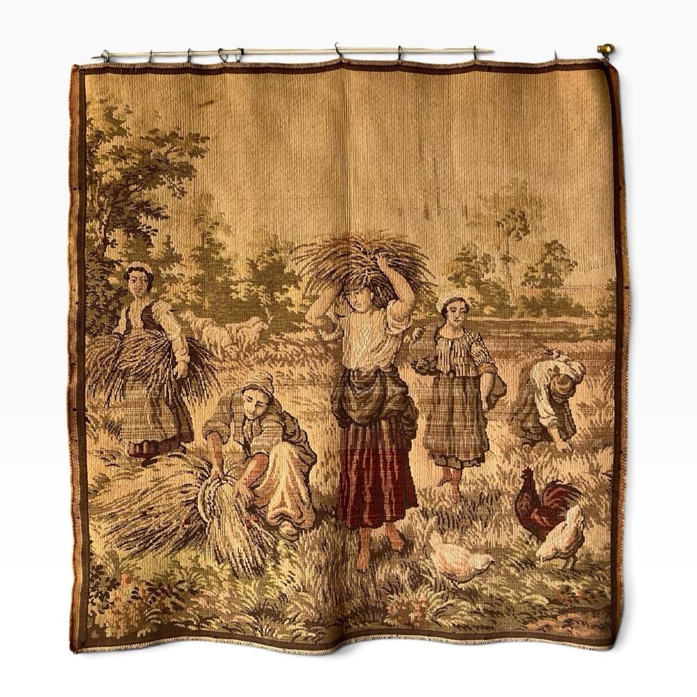 Vintage French Medieval-Style Farmhouse Wheat Harvest Square Wall Tapestry 39”